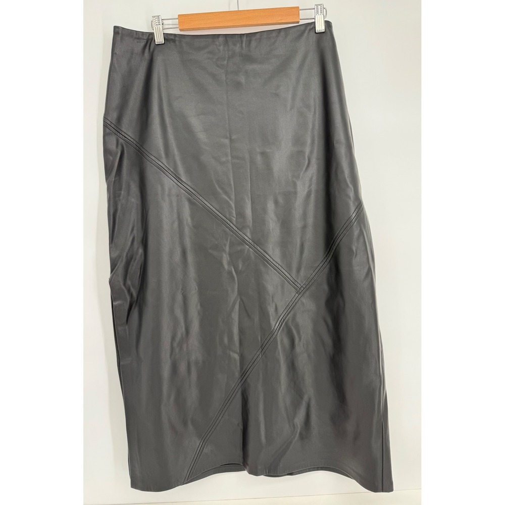 Topshop Curve Womens Black Faux Leather Midi Skirt Asymmetric Seam Sz 16 NEW